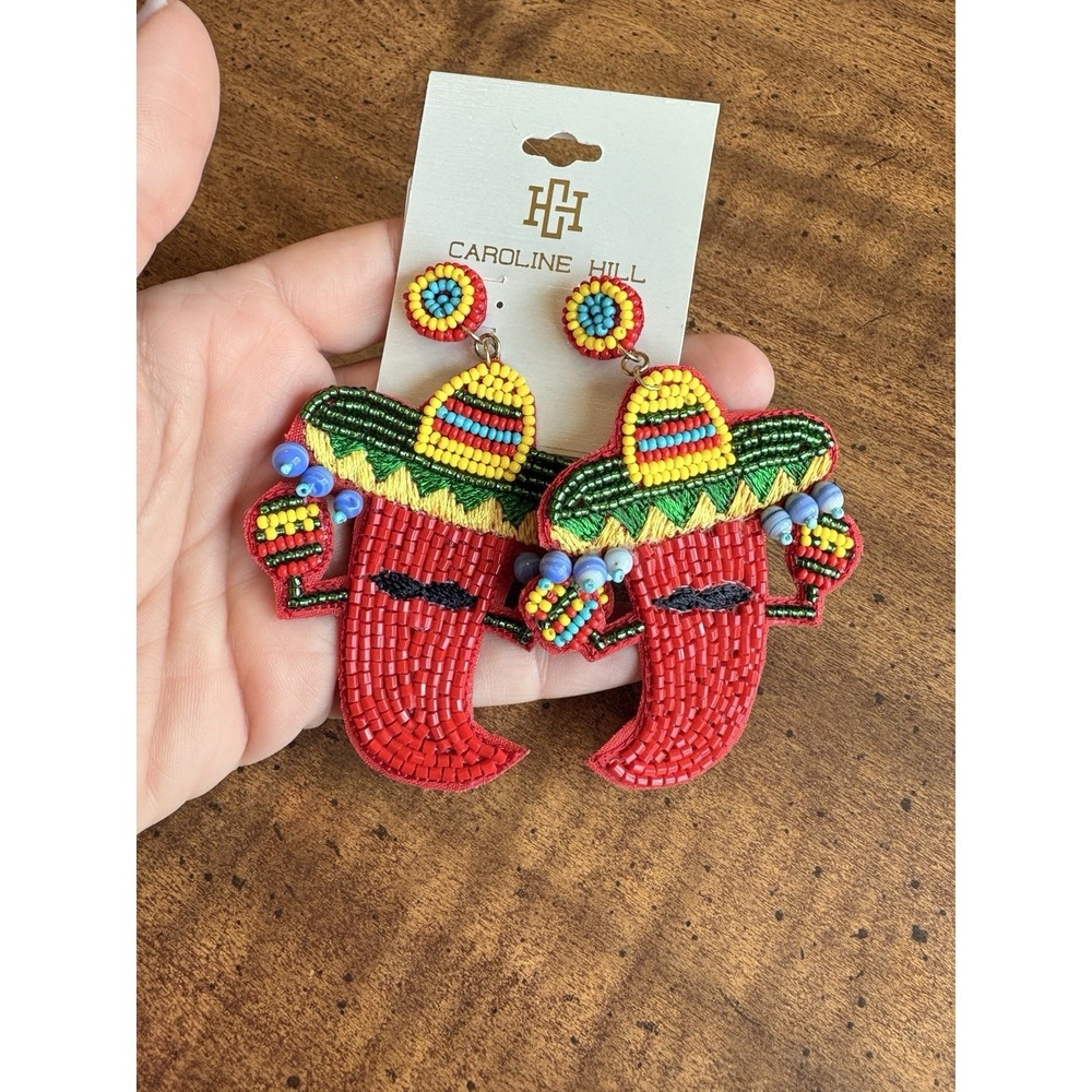 Cinco De Mayo Large Colorful Red Hot Chili Pepper Sombrero Beaded Post Earrings
